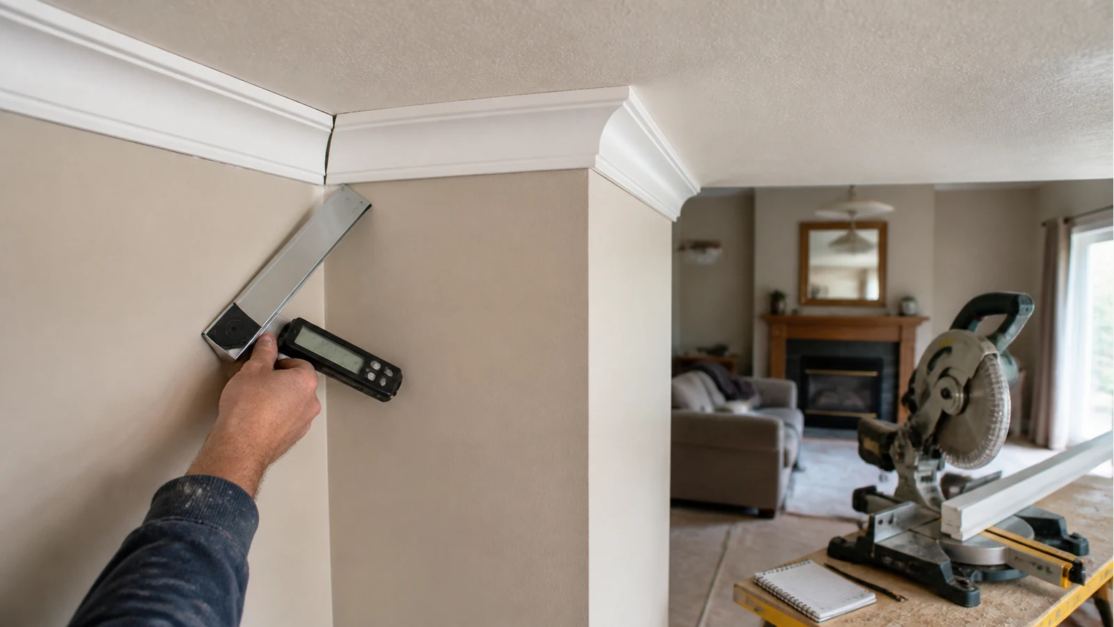 Digital angle finder measuring an out-of-square UK coving corner before a mitre cut