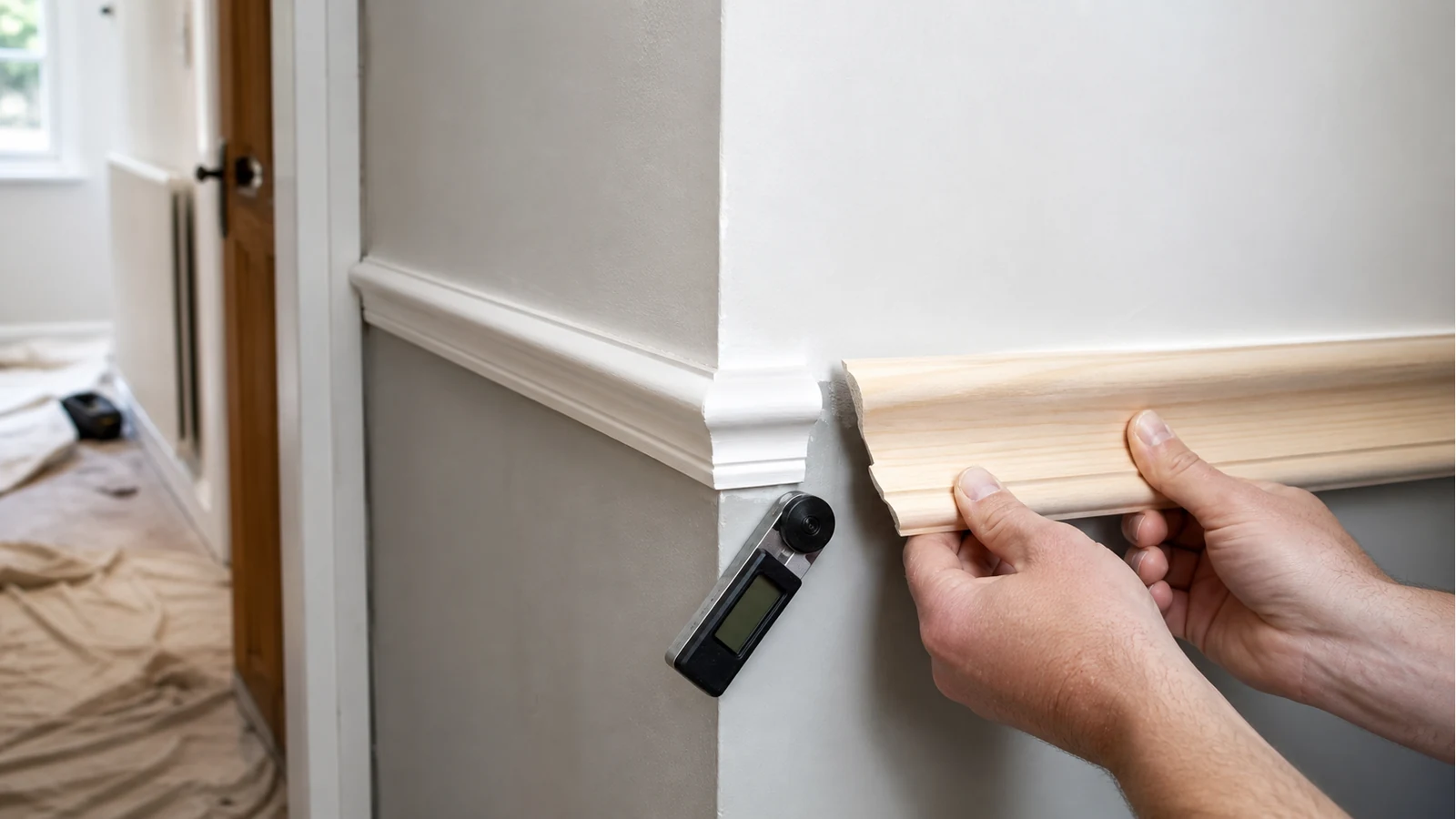 Coping a dado rail internal corner in a UK hallway with an angle finder nearby