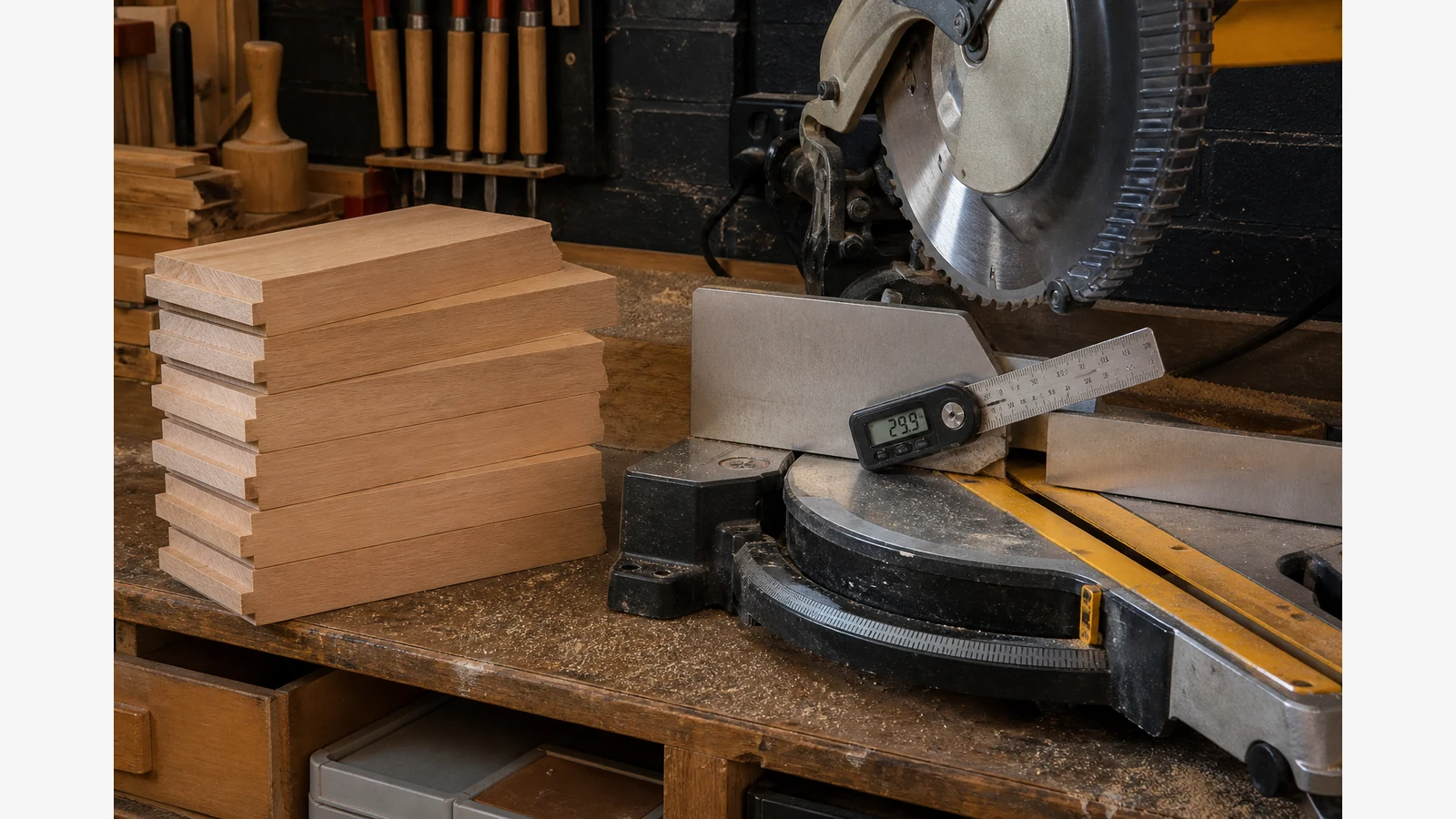 Checking a hexagon planter mitre saw setting with a digital angle ruler
