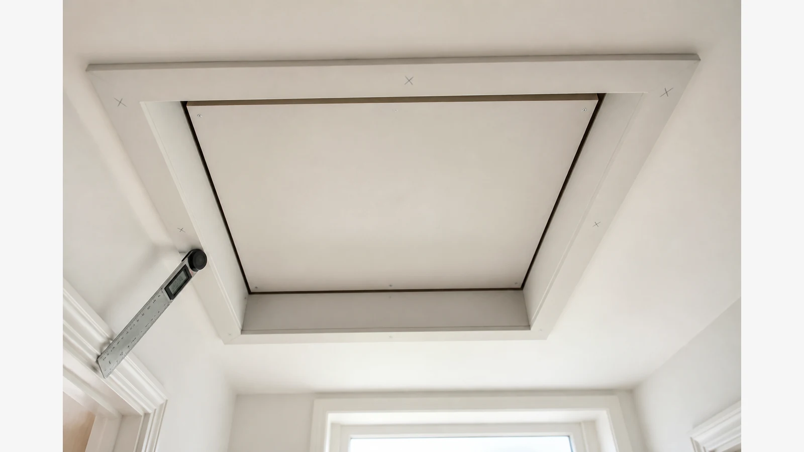 Measuring loft hatch lining corners with a digital angle ruler before cutting architrave