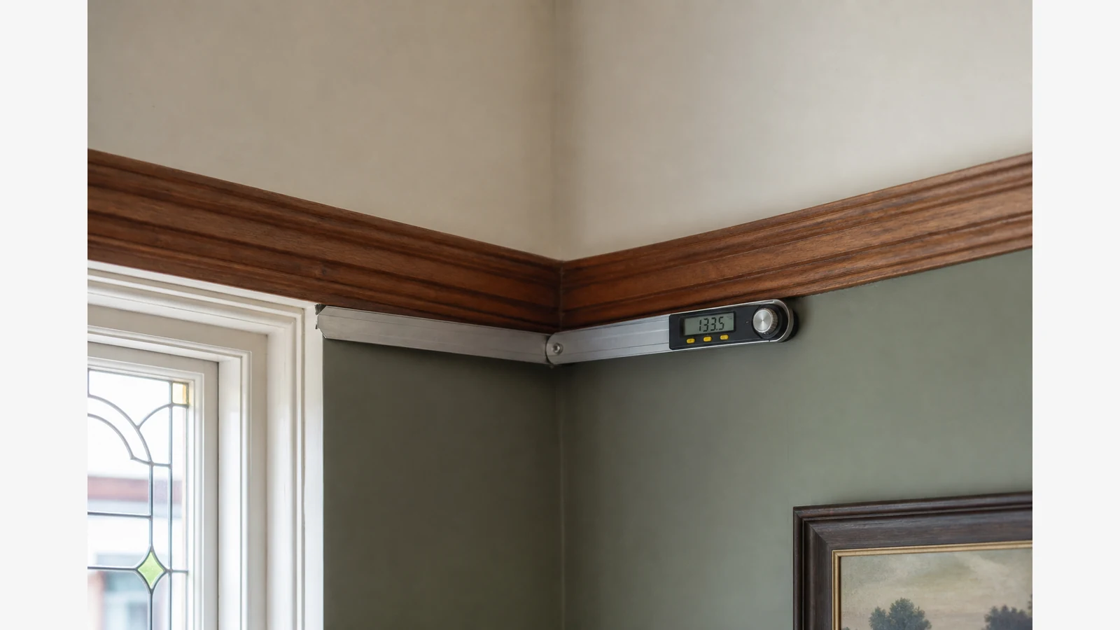 Digital angle ruler measuring a picture rail external corner in a UK period room