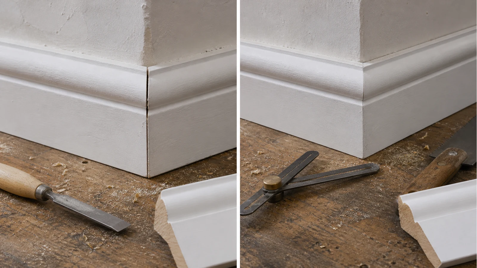 Comparison of gappy skirting mitre versus scribed joint on an out-of-square UK wall