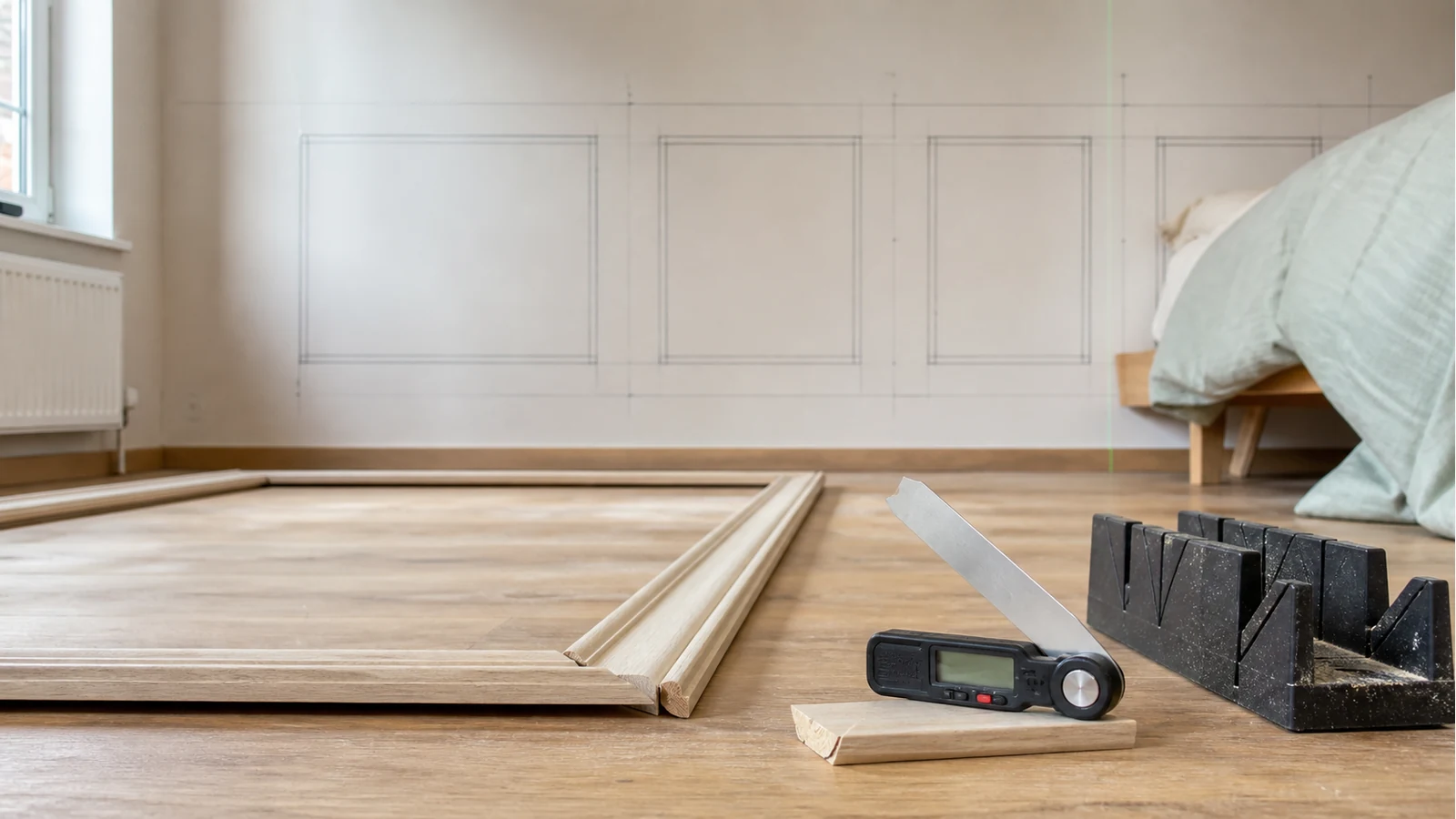 Checking wall panelling mitre cuts with a digital protractor before fixing